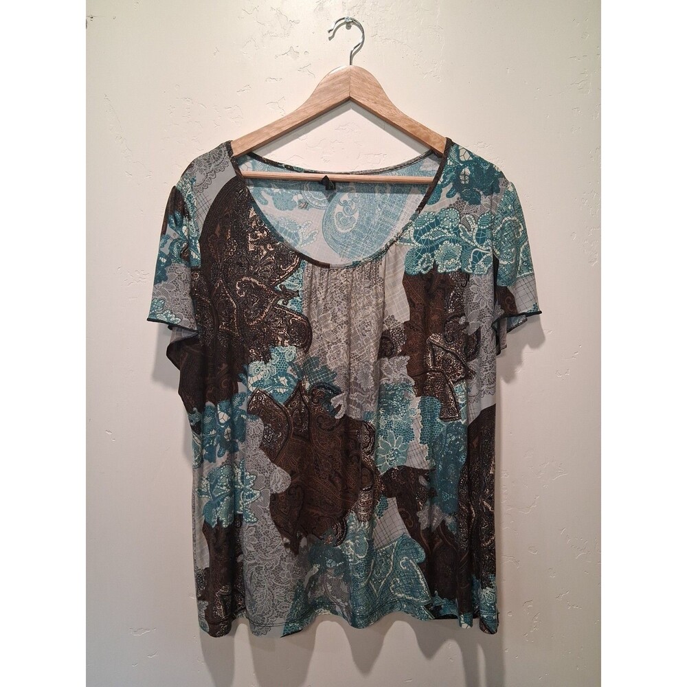 Suzie In The City Women's Plus Size 1X Short Sleeve Turquoise Tan Brown Blouse